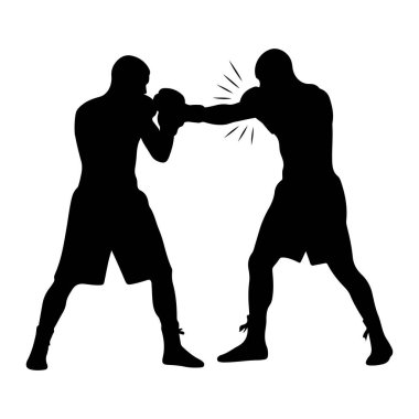 İki boksörün karşı karşıya olduğu siyah bir siluet. Bir boksör diğerine yumruk atıyor, çizgiler de darbeyi gösteriyor. İki boksör de şort ve boks eldiveni giyiyor. Arkaplan düz beyaz.