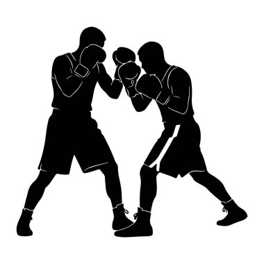 İki siluetli figür, birbirine bakan bir boks duruşu içinde tasvir ediliyor. Her ikisi de boks eldiveni ve şort giyerken, bir figür savunma pozisyonu almış gibi görünürken, diğeri öne çıkıyor. Görüntü, siyah-beyaz bir illüstrasyon.