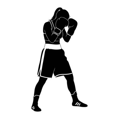 Dişi bir boksörün siyah silueti, boks eldiveni ve şortuyla savunma pozisyonunda duruyor. Saçları at kuyruğu şeklinde geri çekiliyor. Görüntü, beyaz arkaplana karşı basit, grafik bir resimdir.