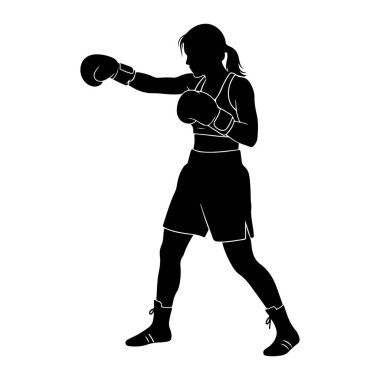 Eldivenler ve şortlar da dahil olmak üzere boks kıyafeti giymiş bir kadının siyah silueti dinamik bir dövüş duruşu içinde resmedilmiştir. Vücudu açılı, bir kolu sanki bir yumruk atıyormuş gibi öne doğru uzanıyor, ve diğeri de savunma olarak eğiliyor. Siluet çok net.