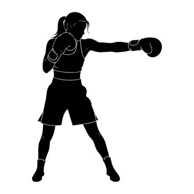 Yumruğun ortasında siyah bir kadın boksör silueti. Boks eldiveni, spor sutyeni, şort ve çorap giyiyor. Saçları at kuyruğu şeklinde geri çekiliyor. Görüntü, dinamik duruşu ve atletik formunu vurgulayan beyaz bir arkaplanda izole edilmiştir.