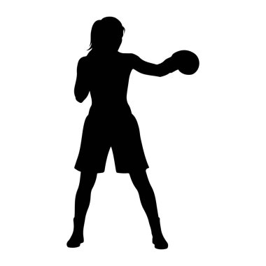 Dişi bir boksörün siyah silueti ön taraftan, sanki yumruk atıyormuş gibi dinamik bir pozla tasvir edilir. Atkuyruğu var ve atletik şort ve ayakkabı giyiyor. Şekil, düz beyaz bir arkaplan üzerinde izole edilmiş, formu vurguluyor ve