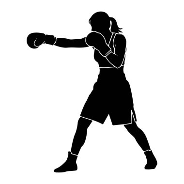 Dişi bir boksörün siyah silueti, dinamik bir duruşta, ileri doğru yumruk atıyor. Boks eldiveni ve şort giyiyor. Beyaz bir arka plana karşı onun atletik duruşu ve hareketini vurgulayan temiz ve grafik bir tasvirdir..