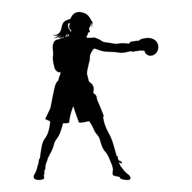 Savaşan bir kadın boksörün siyah silueti sağ eliyle yumruk atıyor. Saçları at kuyruğu şeklinde bağlanmış boks eldiveni ve şortu giyiyor. Resim beyaz bir arkaplanda izole edilmiştir.