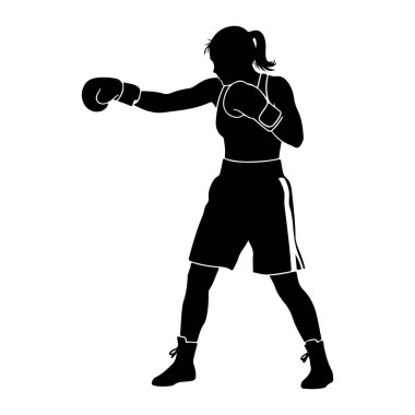 Dişi bir boksörün siyah bir silueti. Dövüş pozisyonunda, yumruk atıyor. Boks eldiveni, şort ve bot giyiyor. Görüntü, beyaz arkaplana karşı temiz ve grafik bir resimdir..