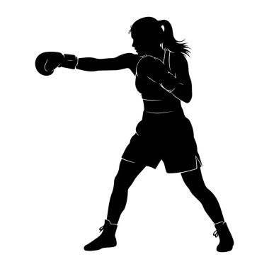 Dişi bir boksörün siyah silueti dinamik bir duruşla sağ eliyle yumruk atıyor. Boks eldiveni, şort ve spor ayakkabısı giyiyor. Saçları at kuyruğu şeklinde geri çekiliyor. Görüntü, beyaz bir arka gruba karşı temiz bir siluet.