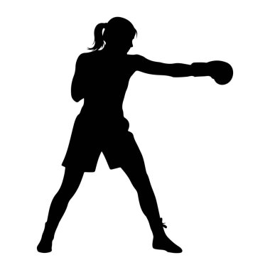 Sağ eliyle yumruk atan, boks pozisyonunda siyah bir kadın silueti. Saçları at kuyruğu şeklinde bağlanmış boks eldiveni ve şortu giyiyor. Resim beyaz bir arkaplanda izole edilmiştir.