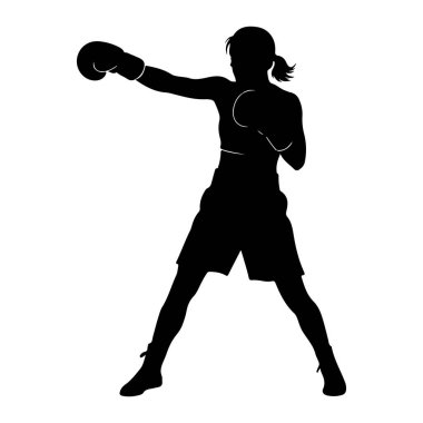 Bir kadın boksörün siyah silueti dinamik bir pozda tasvir edilir, sağ kolu öne doğru uzanmış bir yumruk atar. Boks eldiveni ve şort giyiyor, sol kolu savunmada. Şekil, düz beyaz bir arkaplanda izole edilmiştir.,