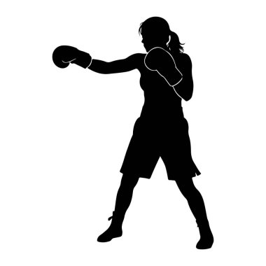Beyaz arka planda siyah bir kadın boksör silueti tasvir edilir. Dinamik bir duruş sergiliyor, sol kolunu ileri uzatarak yumruk atıyor. Sağ kolu bükülmüş, yumruğu çenesine yakın, savunmaya hazır. Boks eldiveni giyiyor.