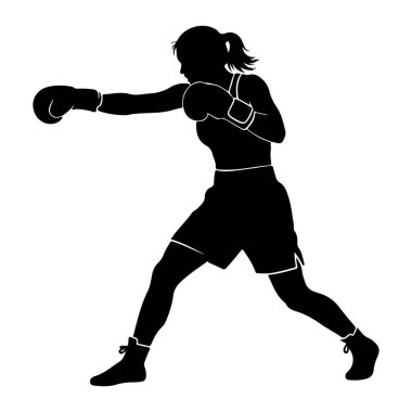 Beyaz bir arka planda, yumruğun ortasında siyah bir kadın boksör silueti. Boks eldiveni, şort ve spor ayakkabısı giyiyor. Vücudu dinamik bir pozisyonda, hareket ve eylemi gösteriyor..