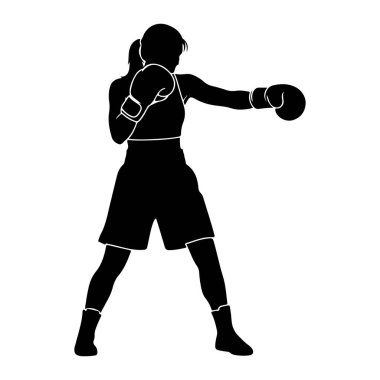 Boks duruşu içinde, boks eldiveni, şort ve çizme giymiş siyah bir kadın silueti. Sağ kolu kendini savunurken, sol kolu yumruk hareketiyle ileri doğru uzanıyor. Resim, beyaz bir torbaya karşı basit bir grafik çizimi.