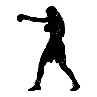 Savaşan bir kadın boksörün siyah silueti. Saçları at kuyruğu şeklinde bağlanmış boks eldiveni ve şortu giyiyor. Sol kolu savunmada tutulurken, sağ kolu yumruk hareketinde öne doğru uzanıyor. Görüntü... 