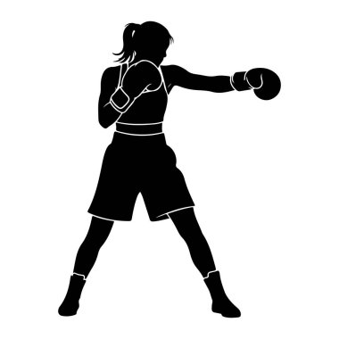 Dişi bir boksörün siyah silueti dövüşürken bir kolu yumruk hareketinde ileri doğru uzanıyor. Boks eldiveni, spor sutyen, şort ve bot giyiyor. Resim beyaz bir arkaplanda izole edilmiştir.