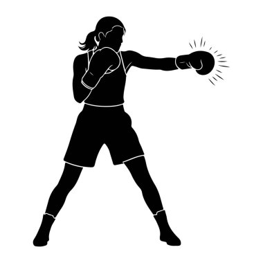 Dişi bir boksörün siyah silueti dinamik bir pozla tasvir edilir, sağ eliyle yumruk atar. Boks eldiveni, spor bluzu ve şort giyiyor. Saçları at kuyruğu şeklinde geri çekilmiş. Eldivenden yayılan çizgiler de darbeyi gösteriyor. 