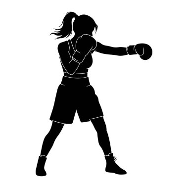 Dişi bir boksörün siyah silueti dinamik bir pozda, sağ eliyle yumruk atıyor. O boks eldiveni ve atletik şort giyer, saçları arkasında akan bir at kuyruğu ile bağlanır. Görüntü temiz, grafik bir illüstrasyondur.