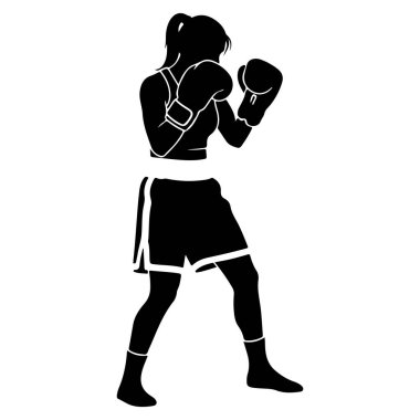 Boks duruşunda bir kadının siyah silueti. Boks eldiveni, spor sutyeni, şort ve çorap giyiyor. Resim, beyaz arkaplanı olan basit bir grafik çizimi..