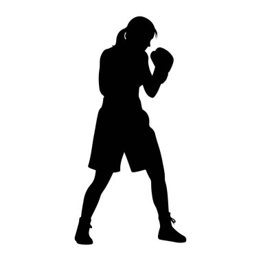 Dişi bir boksörün siyah silueti dövüş pozisyonunda duruyor. Boks eldiveni ve şort giyiyor. Saçları at kuyruğu şeklinde geri çekiliyor. Arkaplan beyaz.