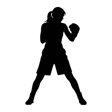 Dişi bir boksörün siyah silueti beyaz bir arka plana karşı savaş duruşu içindedir. Boks eldiveni ve şort giyiyor. Saçları at kuyruğu şeklinde. Vücudu hafifçe açılı, bir bacağı önde ve yumrukları havada.