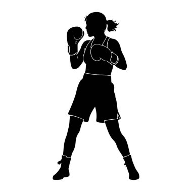 Dişi bir boksörün siyah silueti dövüş pozisyonunda duruyor. Boks eldiveni, spor sutyen ya da kolsuz bluz ve şort giyiyor. Saçları at kuyruğu şeklinde geri çekiliyor. Beyaz arkaplanda onu vurgulayan bir grafik çizimi var.