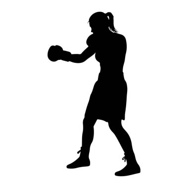 Beyaz arka planda siyah bir kadın boksör silueti tasvir edilir. Dövüş pozisyonunda, boks eldiveni giyiyor ve etek ve bota benziyor. Saçları at kuyruğu şeklinde geri çekiliyor. Görüntü onun atletik duruşuna odaklanıyor.