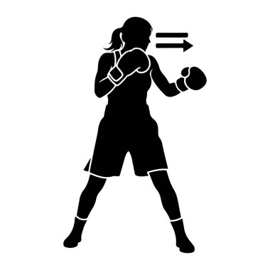 Dişi bir boksörün siyah silueti boks eldiveni ve şort giyerek dövüş duruşu yapar. Sağa doğru iki yatay ok, ileri ya da ileri yönde olduğunu gösteriyor. Arkaplan düz beyaz.