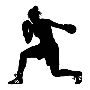 Dinamik pozlarda boks eldiveni ve şort giymiş siyah bir kadın boksör silueti. Saçları topuz şeklinde bağlanmış ve yüksek topuzlu bağcıklı boks ayakkabıları giyiyor. Görüntü, atletizmi vurgulayan düz beyaz bir arkaplan üzerine kuruludur.