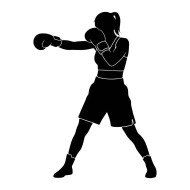 Savaşan bir kadın boksörün siyah silueti. Boks eldiveni, spor sutyeni, şort ve çorap giyiyor. Sol kolu yumruk hareketiyle ileri doğru uzanıyor, sağ kolu ise geride tutuluyor. Görüntü beyaz bir arka planda izole edilmiştir.