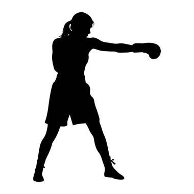 Savaşan bir kadın boksörün siyah silueti sağ eliyle yumruk atıyor. Boks eldiveni, şort ve spor ayakkabısı giyiyor. Saçları at kuyruğu şeklinde geri çekiliyor. Arkaplan düz beyaz.