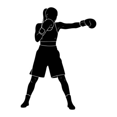 Dişi bir boksörün siyah silueti dövüşürken sağ kolunu uzatarak yumruk atıyor. Boks eldiveni, spor sutyeni ve şort giyiyor. Saçları at kuyruğu şeklinde geri çekiliyor. Görüntü temiz, grafiksel bir gösterim...