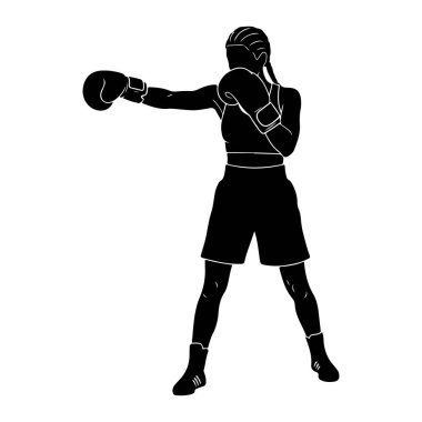 Dişi bir boksörün siyah silueti dövüşürken sağ kolunu uzatarak yumruk atıyor. Boks eldiveni, spor sutyeni, şort ve spor ayakkabısı giyiyor. Saçları örgü şeklinde geri çekiliyor. Görüntü katıksız siyah beyaz. 