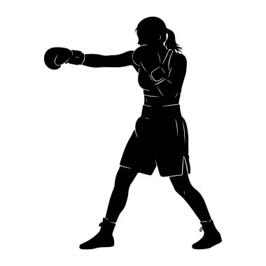 Yumruğun ortasında siyah bir kadın boksör silueti. Boks eldiveni, şort ve spor ayakkabısı giyiyor. Saçları at kuyruğu şeklinde geri çekiliyor. Görüntü, beyaz arkaplana karşı katıksız siyah beyaz bir grafik çizimi..