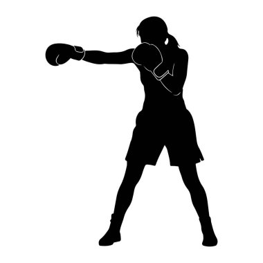 Sağ eliyle yumruk atan, boks pozisyonunda siyah bir kadın silueti. Boks eldiveni ve şort giyiyor. Görüntü beyaz arkaplanda.