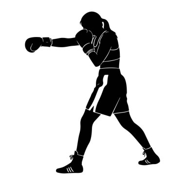 Yumruğun ortasında siyah bir kadın boksör silueti. Boks eldiveni, spor sutyeni, şort ve spor ayakkabısı giyiyor. Saçları at kuyruğu şeklinde geri çekiliyor. Görüntü, beyaz arkaplana karşı katıksız siyah beyaz bir illüstrasyondur.