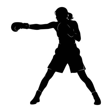 Yumruğun ortasında siyah bir kadın boksör silueti. Boks eldiveni, şort ve spor ayakkabısı giyiyor. Onun duruşu geniş ve dengeli, sol kolu bir yumrukta ileri doğru uzanıyor. Saçları at kuyruğu şeklinde geri çekiliyor. Arka plan plai.