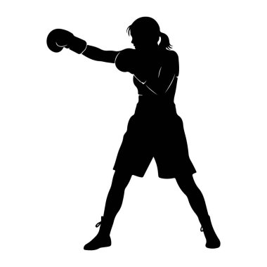 Yumruğun ortasında siyah bir kadın boksör silueti. Boks eldiveni, şort ve spor ayakkabısı giyiyor. Duruşu geniş ve kolu ileri doğru uzanıyor. Bu da saldırgan bir hareket olduğunu gösteriyor. Görüntü net ve net, dinamik duruşlara odaklanmış.