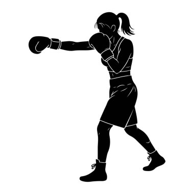 Yumruğun ortasında siyah bir kadın boksör silueti. Boks eldiveni, şort ve spor ayakkabısı giyiyor. Saçları at kuyruğu şeklinde geri çekiliyor. Görüntü beyaz arkaplan ile temiz, grafik bir illüstrasyondur.