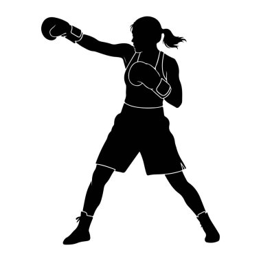 Yumruğun ortasında siyah bir kadın boksör silueti. Boks eldiveni, spor sutyeni, şort ve spor ayakkabısı giyiyor. Sağ kolu öne doğru uzanmış bir yumruk atarken duruşu geniş ve vücudu açılı. Saçları geri çekilmiş.