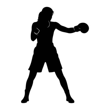 Savaşan bir kadın boksörün siyah silueti sağ eliyle yumruk atıyor. Boks eldiveni ve şort giyiyor. Resim beyaz bir arkaplanda izole edilmiştir.