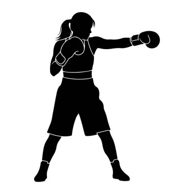 Bir kadın boksörün siyah silueti dinamik bir pozda tasvir edilir, sağ kolu öne doğru uzanmış bir yumruk atar. Boks eldiveni, spor sutyen ve şort giyiyor. Saçları at kuyruğu şeklinde geri çekiliyor. Görüntü temiz, grafik bir illüstrasyon.