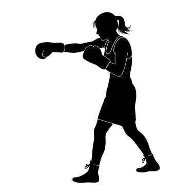 Boks eldiveni ve spor kıyafeti giymiş bir kadın boksörün siyah silueti. Sağ kolu öne doğru uzanmış bir yumruk atma hareketinde resmedilmiştir. Saçları at kuyruğu gibi arkadan bağlanmış ve ayak bileği kadar uzun bir kutu giyiyor.
