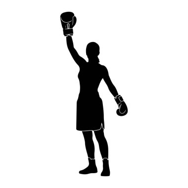 Bir kadın boksörün siyah silueti tek koluyla muzaffer bir jestle ayakta duruyor. O her iki eline ve şortuna boks eldiveni giyer. Görüntü, beyaz arkaplanda sporun biçimini ve hareketini vurgulayan katıksız siyah beyaz bir grafiktir.