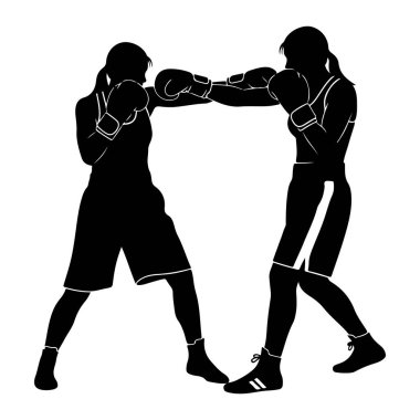 İki kadının siyah silueti boks yapıyor. Bir boksör yumruğunu sallarken diğeri engelliyor. İkisi de boks eldiveni ve spor kıyafeti giyiyor. Görüntü beyaz arkaplanda.