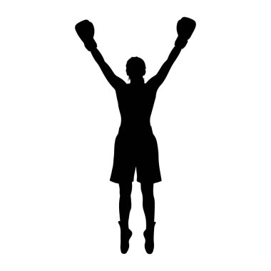 Kutlama jesti olarak kollarını kaldırmış siyah bir boksör silueti. Boksör boks eldiveni ve şort giyiyor ve ya atlıyor ya da havada. Görüntü beyaz bir arkaplanda izole edilmiş, katıksız bir grafik oranı oluşturur