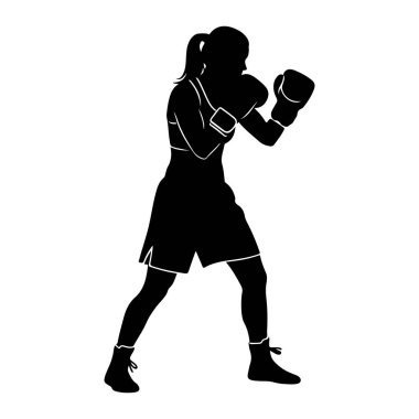 Savaşan bir kadın boksörün siyah silueti. Boks eldiveni, şort ve spor ayakkabısı giyiyor. Saçları at kuyruğu şeklinde geri çekiliyor. Resim, beyaz arkaplanda bir grafik çizimi..