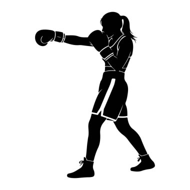 Dişi bir boksörün siyah silueti, dinamik bir pozda, yumruk sallarken resmedilir. Boks eldiveni, spor sutyeni ve şort giyiyor. Saçları at kuyruğu şeklinde bağlanmış. Görüntü, beyaz arkaplana karşı temiz ve grafik bir resimdir., 