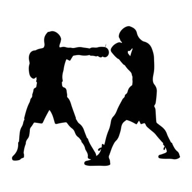 İki erkek boksörün siyah silueti bir boks maçında çarpışmış. Soldaki bir boksör ileri doğru yumruk atarken, sağdaki boksör savunma pozisyonunda, yüzlerini koruyor. Her iki figür de atletik pozlarda tasvir ediliyor, şo giyiyorlar.