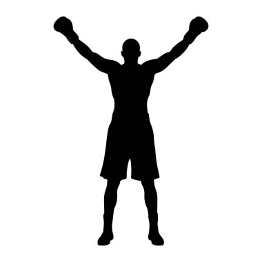 Siyah bir boksör silueti kollarını kaldırarak beyaz bir arka plana karşı zaferle ayakta duruyor. Boksör şort ve boks eldiveni giyiyor. Poz, bir maçtan sonra zafer ve kutlama olduğunu gösteriyor..