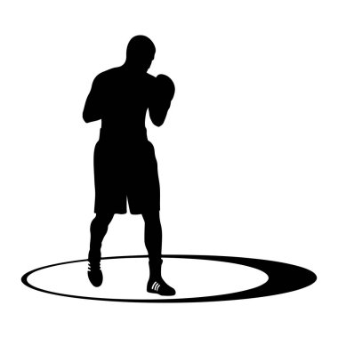 Bir erkek boksörün siyah silueti stilize edilmiş oval bir halka içinde dövüş pozisyonunda duruyor. Boksör şort ve boks ayakkabısı giyiyor. Arkaplan düz beyaz.