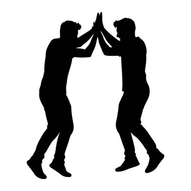 Ayakta duran ve birbirlerine beşlik çakan iki adamın siyah silueti. Elleri havada ve avuçlara dokunuyorlar, vücutları birbirine dönük. Şekiller düz beyaz bir arkaplan üzerinde tasvir edilir.