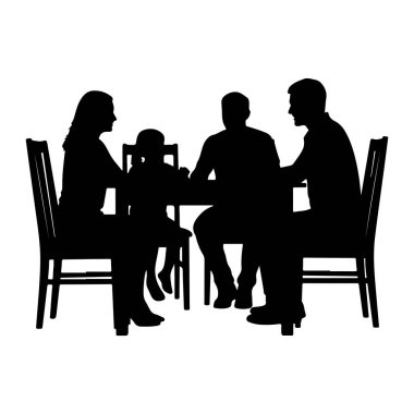 Siyah bir siluet, dikdörtgen bir masanın etrafında oturan dört, iki yetişkin ve iki çocuklu bir aileyi tasvir eder. Sandalyelere kurulmuşlar, yemek ya da toplanmayı öneriyorlar. Şekiller, beyaz arkaplana karşı basit ve grafik biçiminde oluşturulmuştur